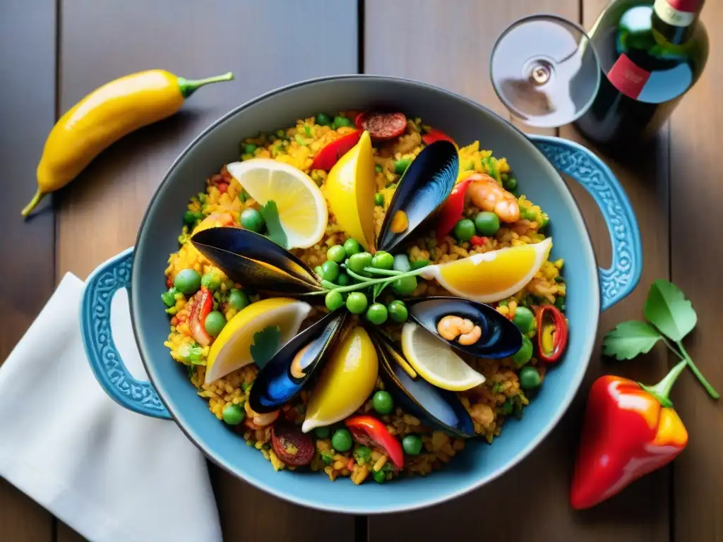 Una fotografía gastronómica que captura la tradición y la cultura de una exquisita paella española, con cada detalle brillante bajo el sol