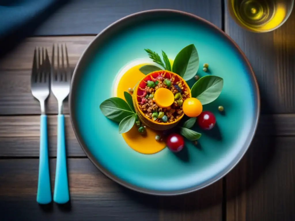 Una fotografía gastronómica que captura la esencia de la cultura y tradición culinaria con un exquisito plato colorido en una mesa de madera rústica