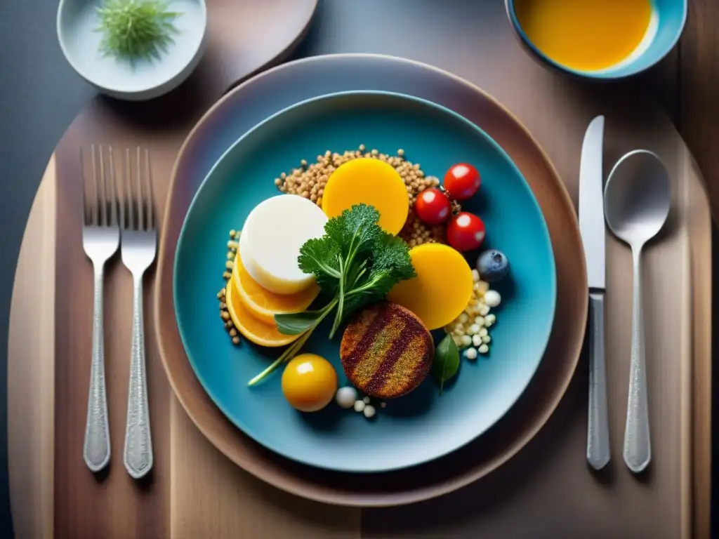 Fotografía gastronómica para mejorar experiencia: Plato bellamente decorado con colores vibrantes y detalles intrincados, iluminado suavemente