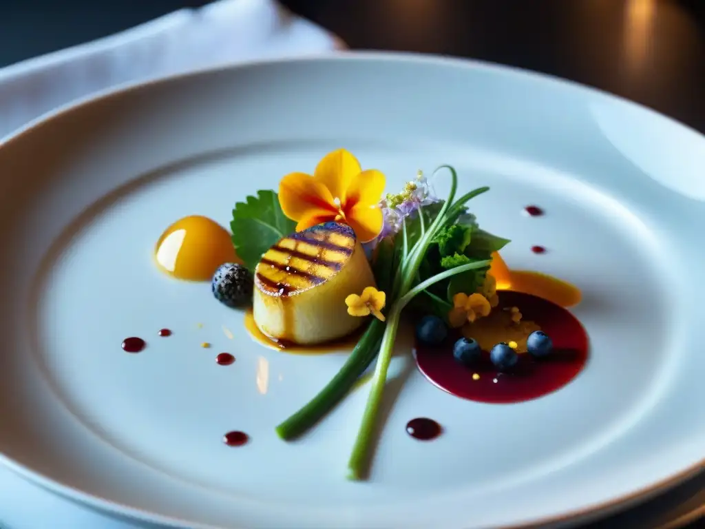 Fotografía gastronómica para mejorar experiencia: Plato exquisitamente presentado en restaurante de lujo, colores vibrantes y detalles intrincados