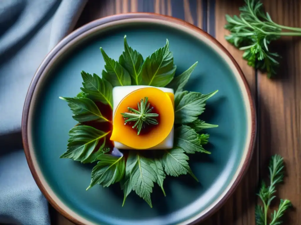 Fotografía gastronómica en Instagram influencer: Plato decorado con hierbas y salsa brillante en mesa rústica