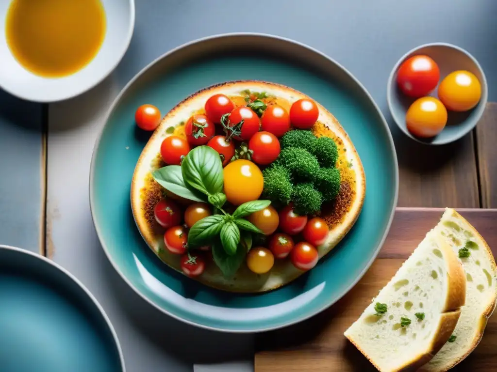 Fotografía gastronómica en Instagram influencer: plato artísticamente presentado en mesa rústica con ingredientes frescos y coloridos