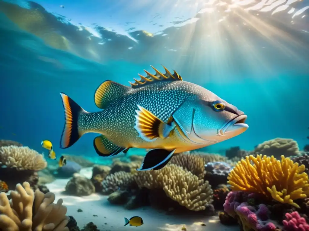 Un gigante gentil mero nada en un plato oceánico rodeado de coloridos corales y peces tropicales en aguas cristalinas