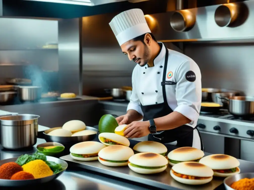 La evolución gourmet de las arepas latinas: chef preparando creaciones innovadoras en cocina de alta gama