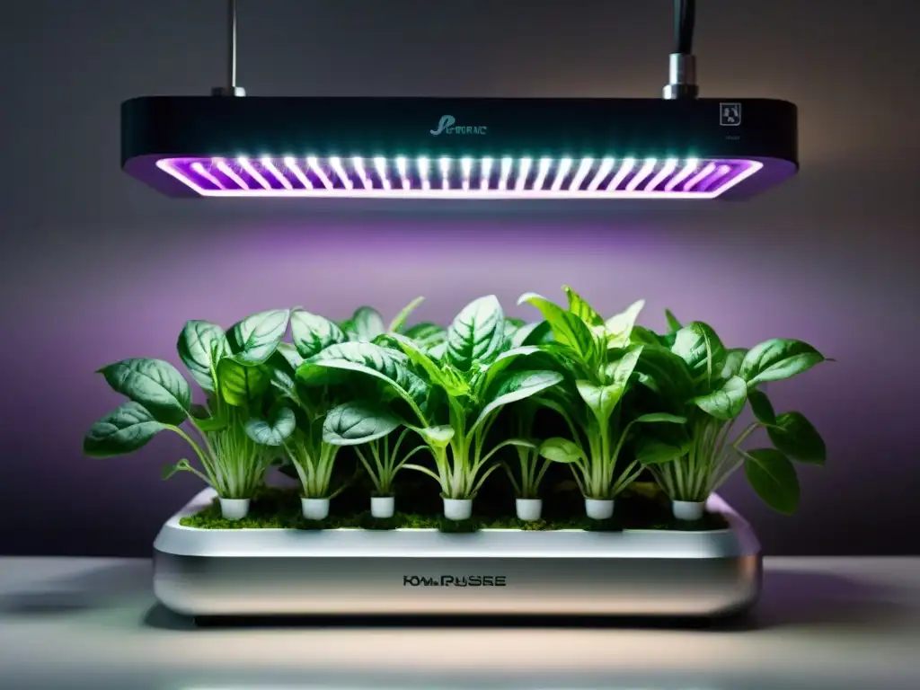 Un jardín hidropónico gourmet en casa: hierbas y vegetales exóticos iluminados por luces LED de alta tecnología