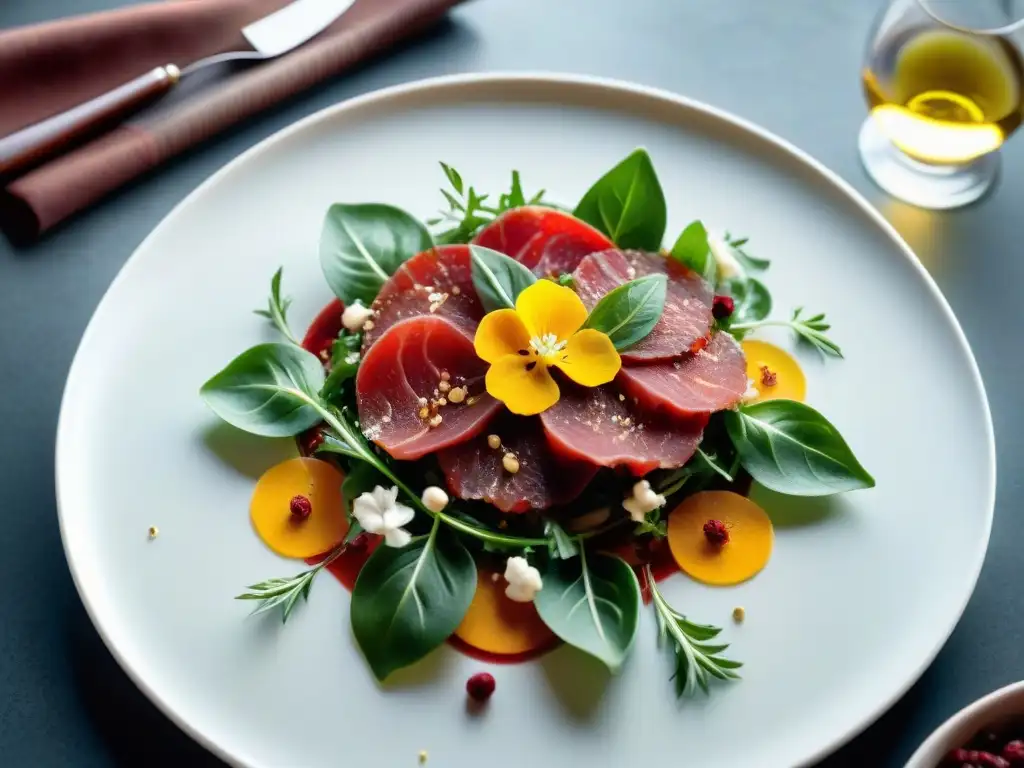 Gourmet exploradores, alta gastronomía: Carpaccio de carne cruda con arúgula, parmesano y flores comestibles en elegante presentación