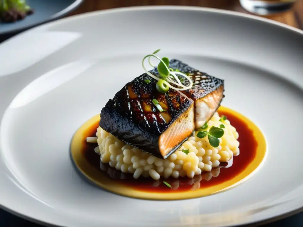 Degustación de lenguado gourmet: Exquisito plato de lenguado con microgreens y risotto de trufa, destacando elegancia y sofisticación