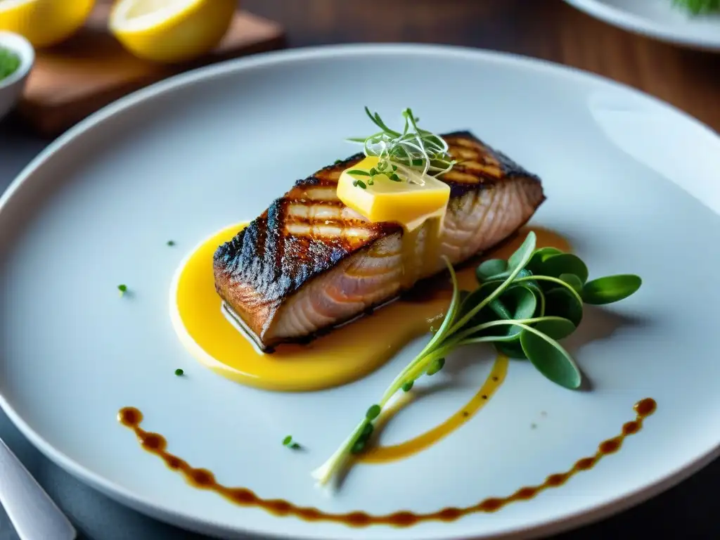 Degustación de lenguado gourmet: un filete dorado y brillante con salsa de limón y decorado con microgreens en un elegante plato blanco