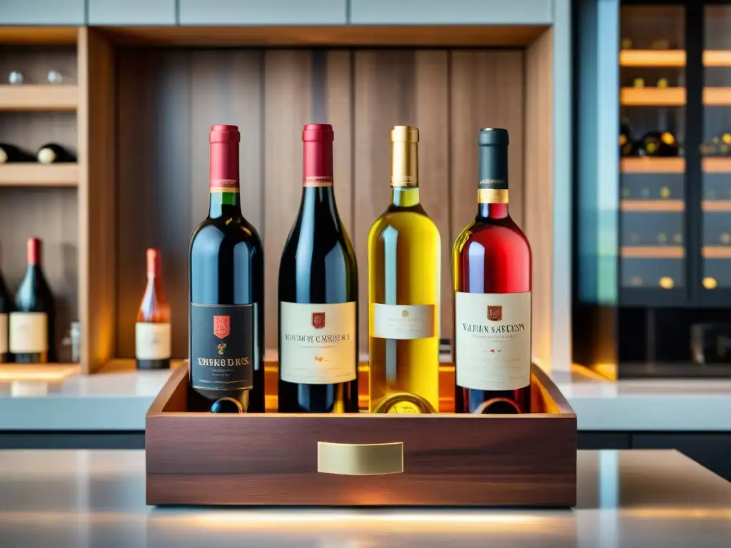 Degustación gourmet online cajas vino: imagen detallada de caja de madera con vinos elegantes en elegante cocina moderna