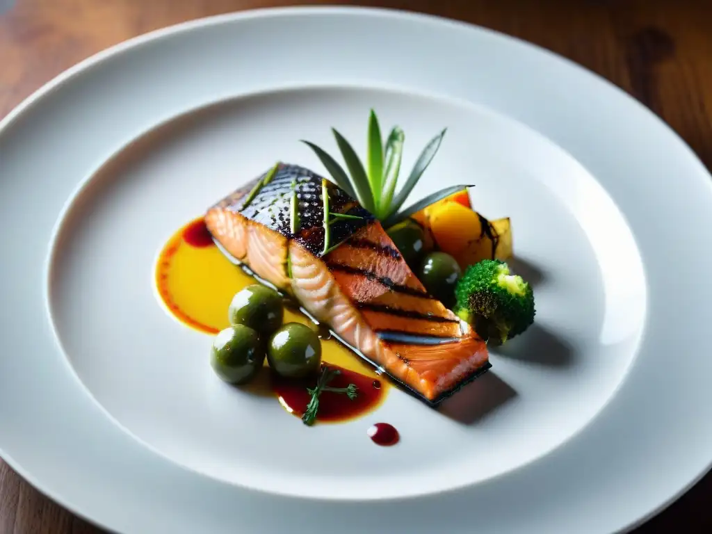 Presentación gourmet de un plato exquisito con ingredientes coloridos en un elegante plato blanco