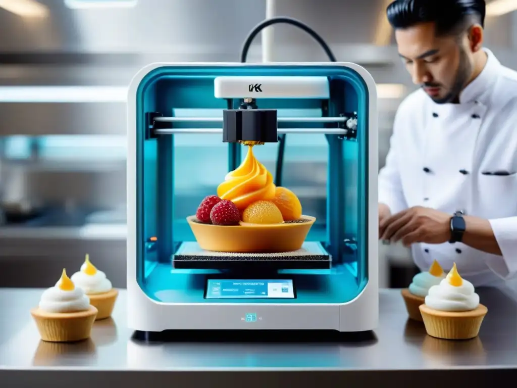 Un 3D printer gourmet creando postres impresos en 3D en una cocina de alta tecnología