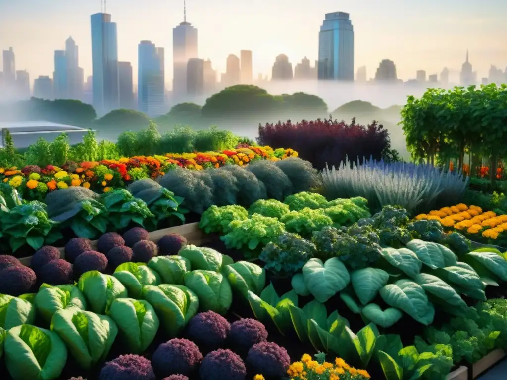 Un jardín gourmet urbano, con vegetales y hierbas vibrantes en camas elevadas, en armonía con la ciudad