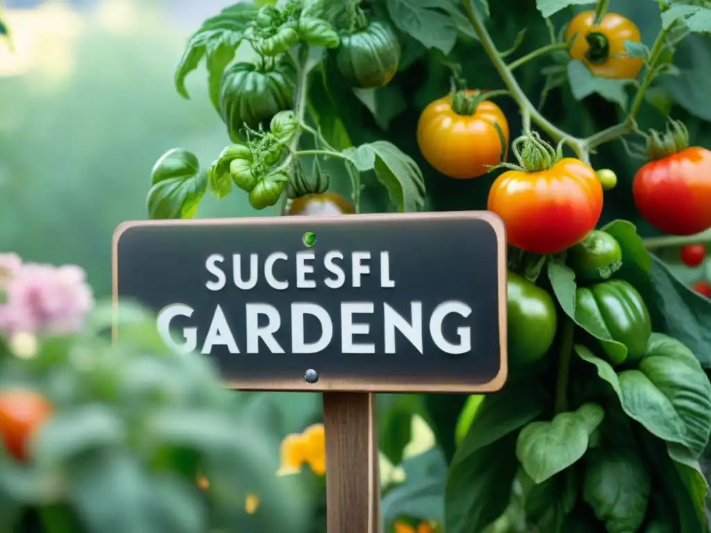 Un jardín gourmet urbano vibrante y exuberante con tomates, hierbas y pimientos coloridos