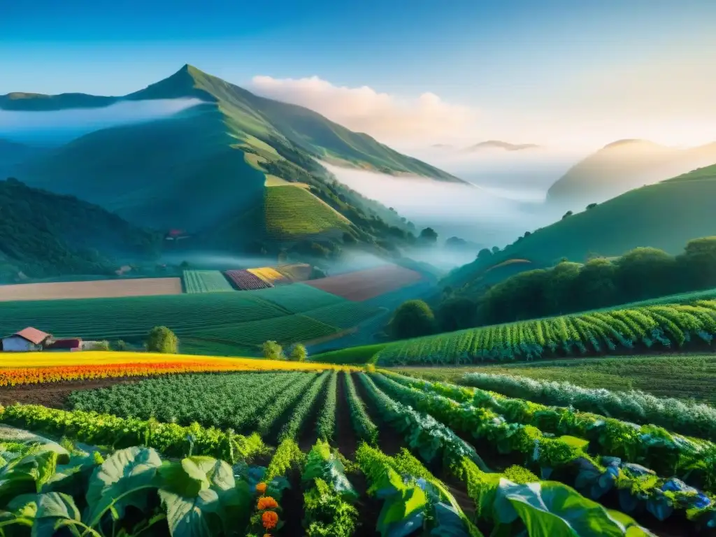 Una granja agroecológica diversa y exuberante, con campos vibrantes, agricultores ocupados y mariposas coloridas, bajo un cielo azul