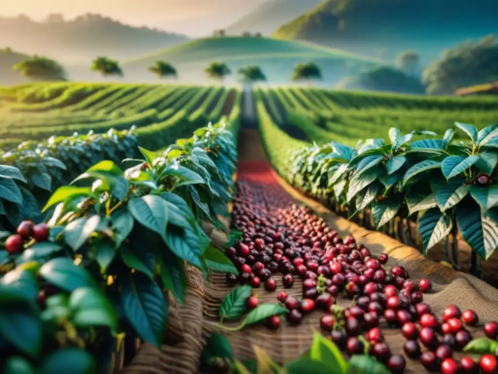 Una granja de café futurista bañada en luz dorada, con cosechadoras robóticas avanzadas recolectando cerezas de café maduro en armonía con la naturaleza