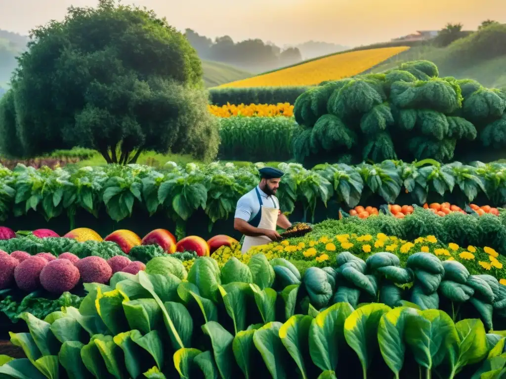 Un jardín de la granja a la mesa rebosante de color y vida, iluminado por el sol poniente