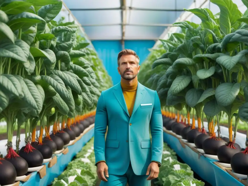 Una granja orgánica próspera con cultivos vibrantes bajo un cielo azul, destacando técnicas innovadoras en la producción de alimentos orgánicos