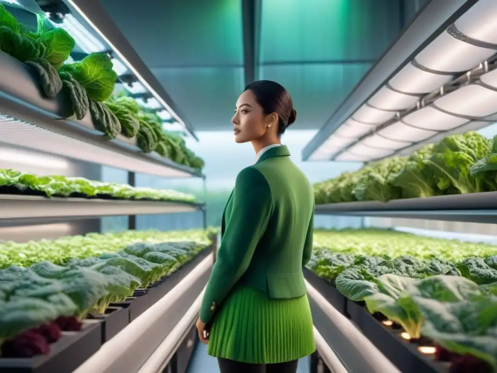 Una granja vertical moderna con hortalizas vibrantes iluminadas por luces LED, trabajadores cuidando cultivos