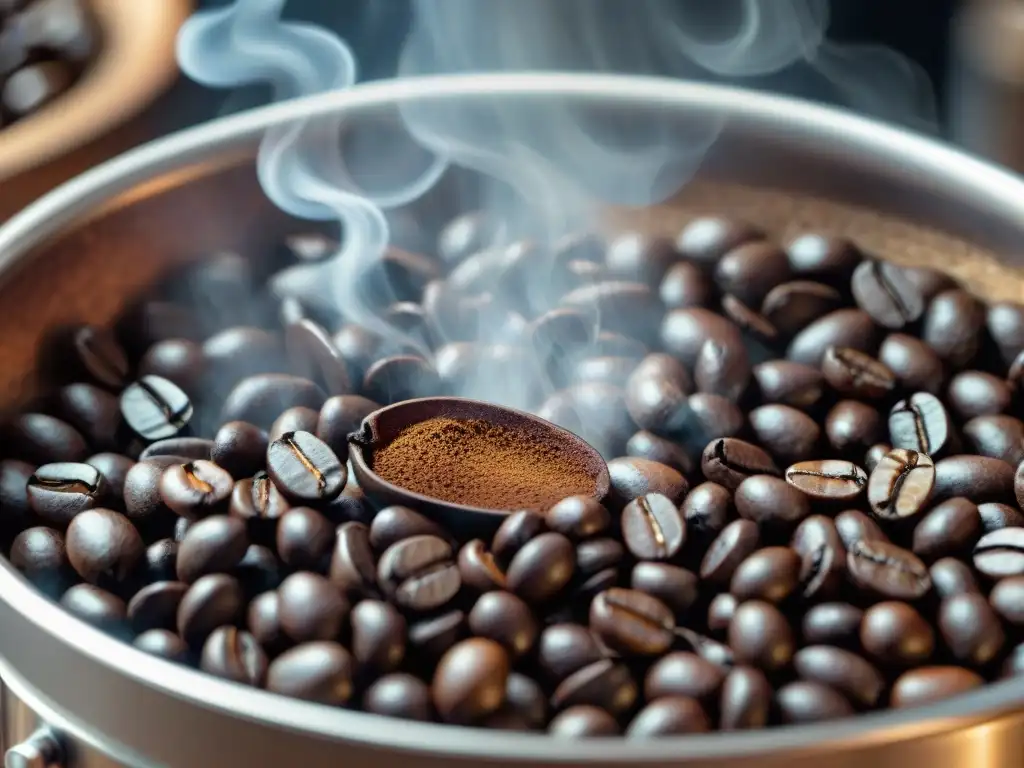 Un grano de café gourmet en proceso de tueste en un tostador tradicional, con humo aromático envolvente