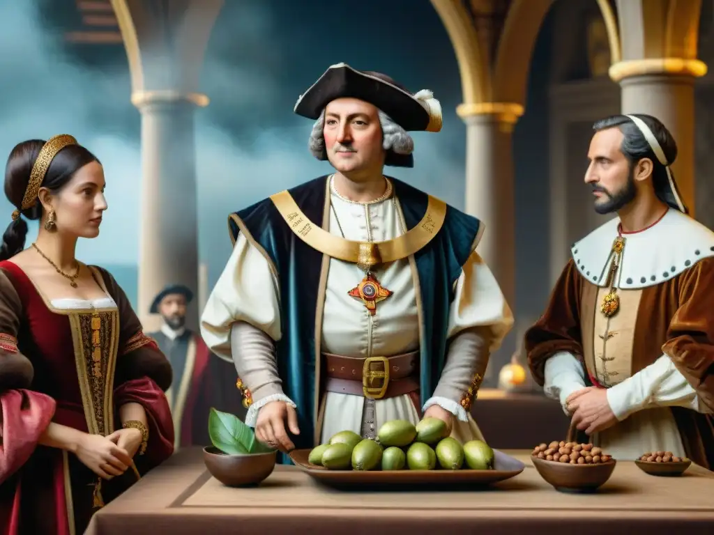 Christopher Columbus presenta granos de cacao a los monarcas españoles en una escena histórica