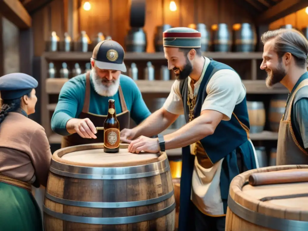 Un grupo de antiguos cerveceros en una cervecería rústica, compartiendo historias mientras prueban cervezas ediciones especiales historias