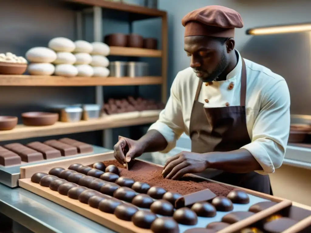 Un grupo de artesanos elaborando chocolate en un taller tradicional, rodeados de herramientas y creaciones chocolateras