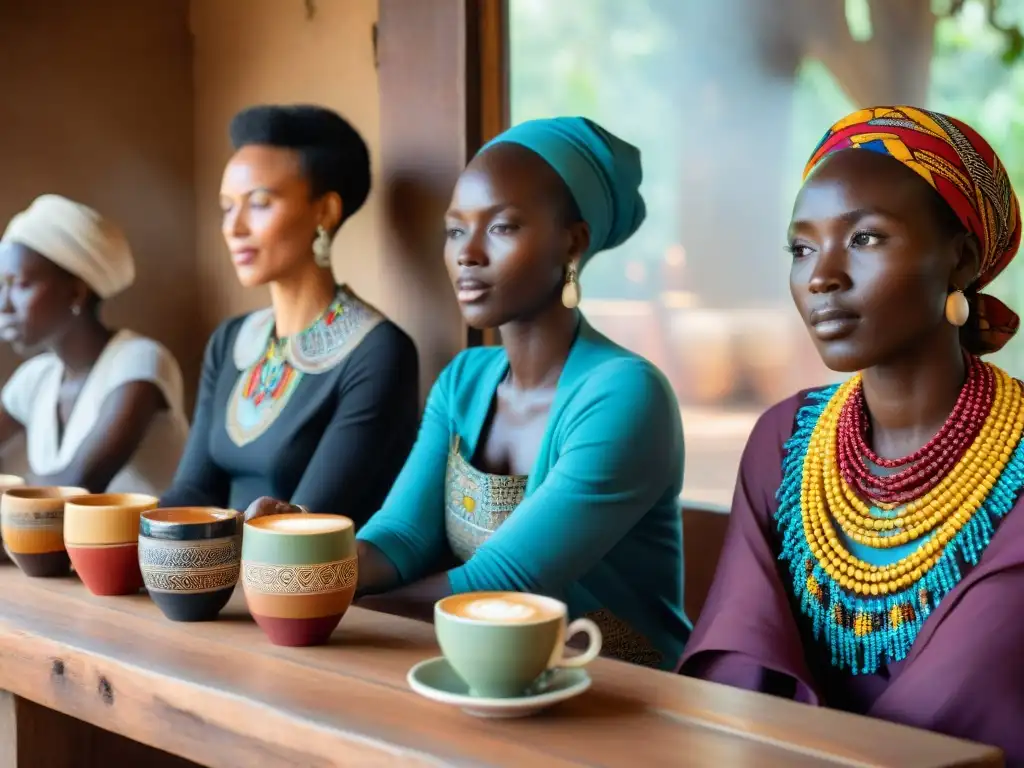 Un grupo de catadores de café africanos evaluando aromas y sabores en una mesa de madera en un mercado vibrante