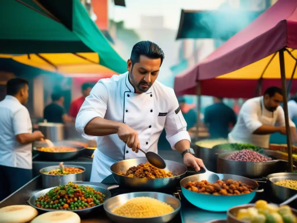 Un grupo de chefs latinoamericanos transformando comida callejera en América, con pasión e innovación en un bullicioso mercado callejero