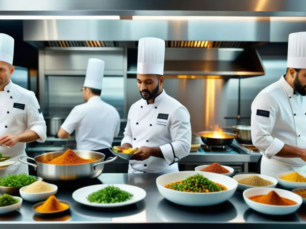 Un grupo de chefs renombrados de diversas culturas preparando platos gourmet en una cocina de alta tecnología