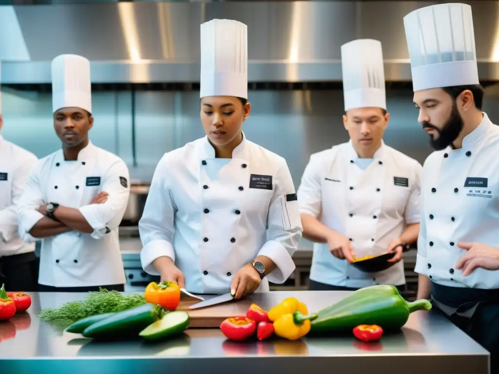 Un grupo diverso de alumnos de cocina atentos a un chef maestro en clases de cocina gourmet