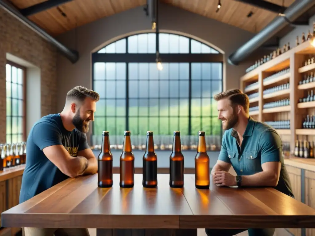 Un grupo diverso de apasionados cerveceros artesanales comparten historias cerveza artesanal pasión en una cálida cervecería