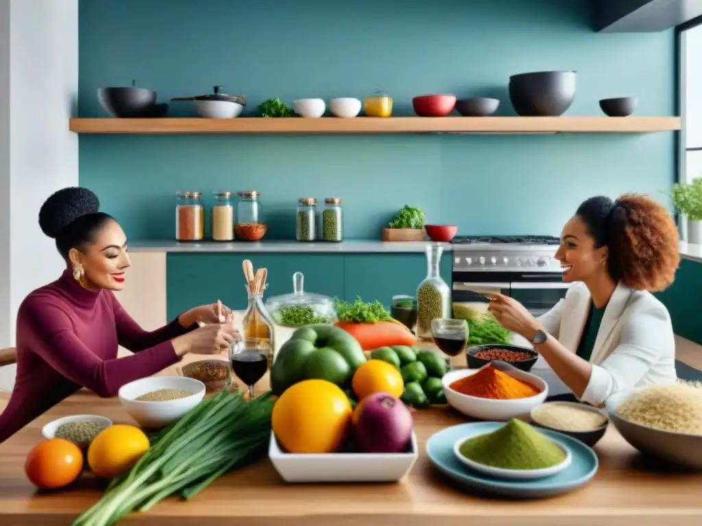 Un grupo diverso de bloggers gastronómicos discuten tendencias culinarias en un estudio de cocina moderno