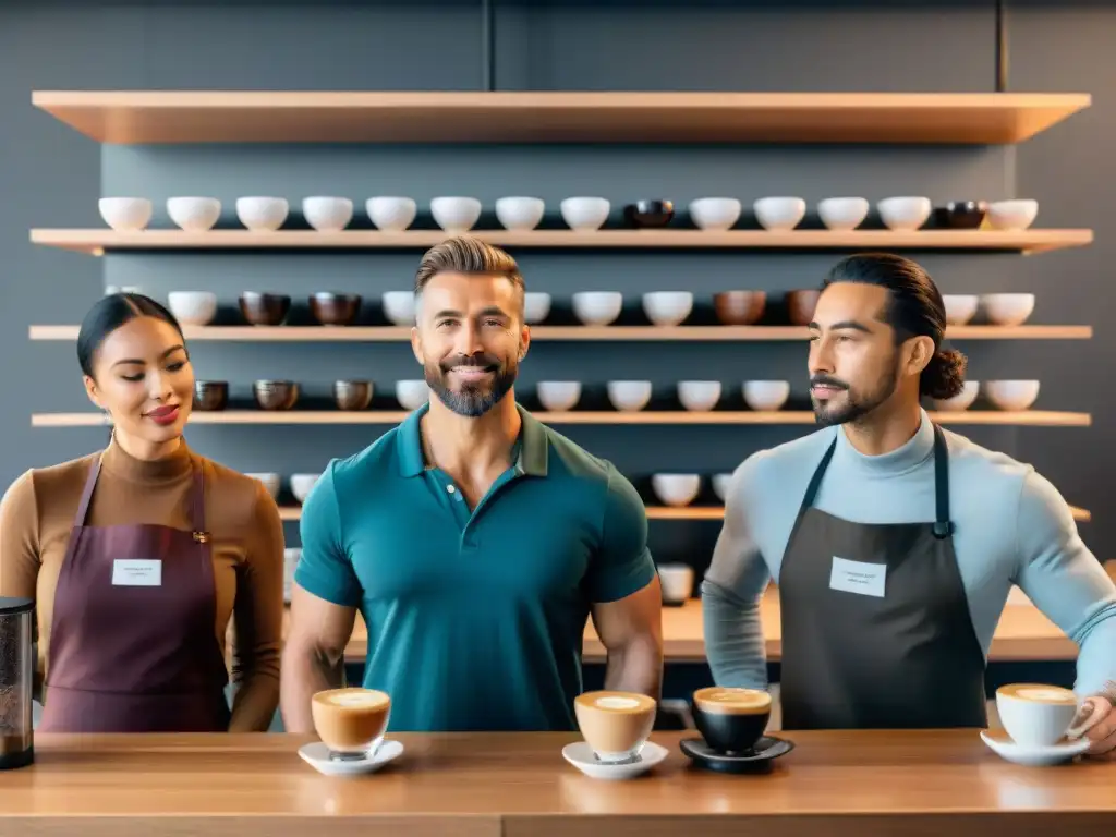 Un grupo diverso de catadores de café expertos del mundo evalúa con intensidad perfiles de sabor en un moderno laboratorio de café