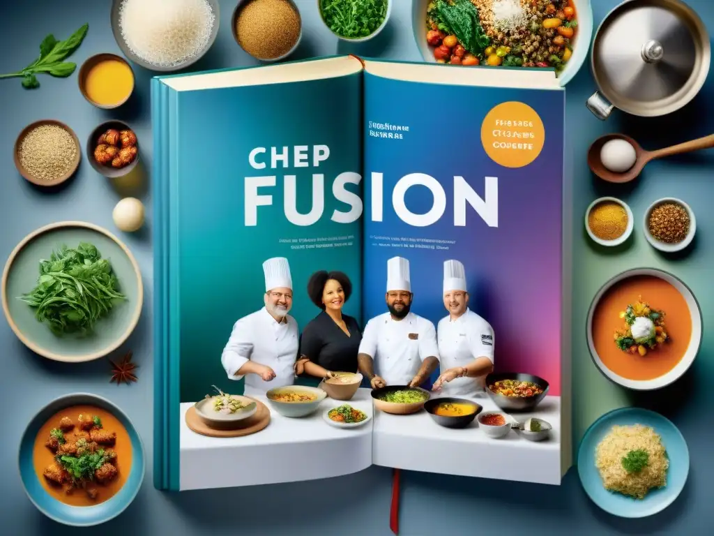 Grupo diverso de chefs en cocina fusión, inspirados por libro de recetas