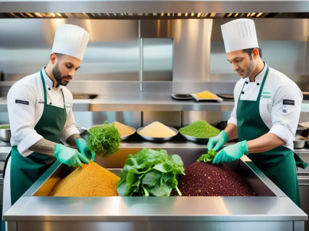 Un grupo diverso de chefs en una cocina ocupada practicando el compostaje de alimentos, destacando la sostenibilidad en la gastronomía