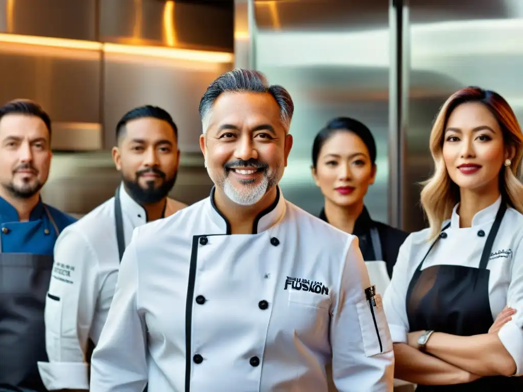 Un grupo diverso de chefs exitosos presenta platos de cocina fusión en una cocina moderna