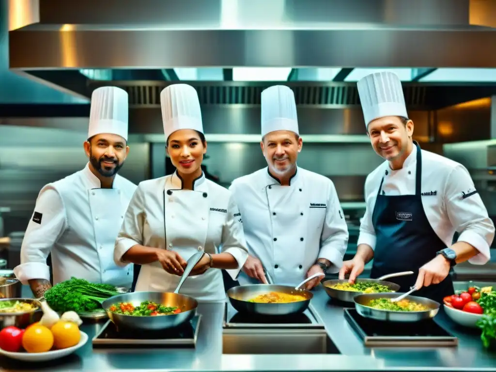 Un grupo diverso de chefs famosos cocinando con pasión en un lujoso hotel