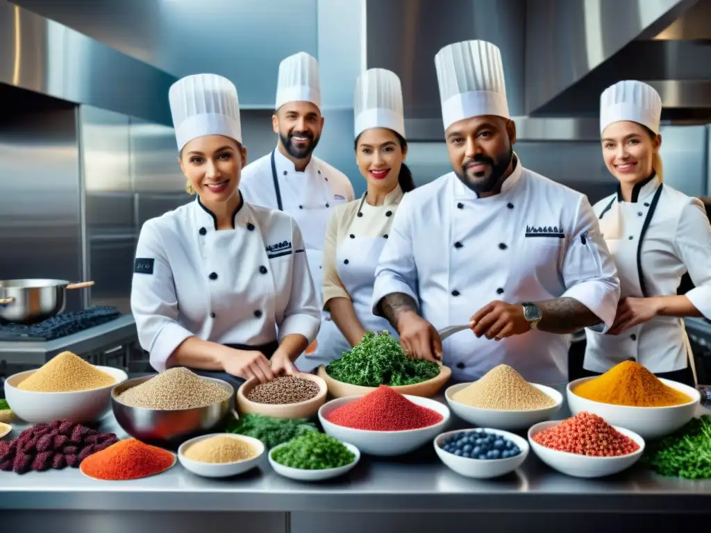 Un grupo diverso de chefs innovadores preparando platos gourmet con superfoods en una cocina moderna