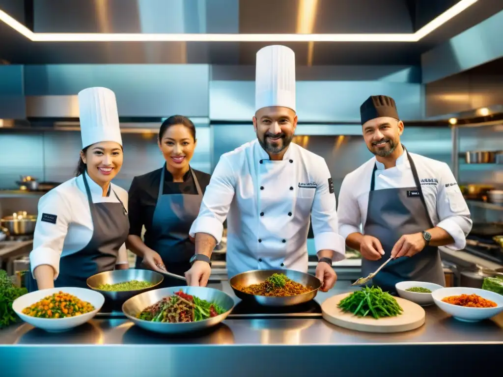 Un grupo diverso de chefs internacionales preparando platos fusión en una cocina moderna y vibrante