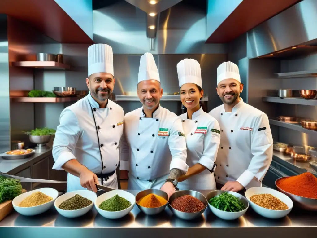 Un grupo diverso de chefs internacionales preparando platos de cocina fusión en una cocina vibrante y sofisticada