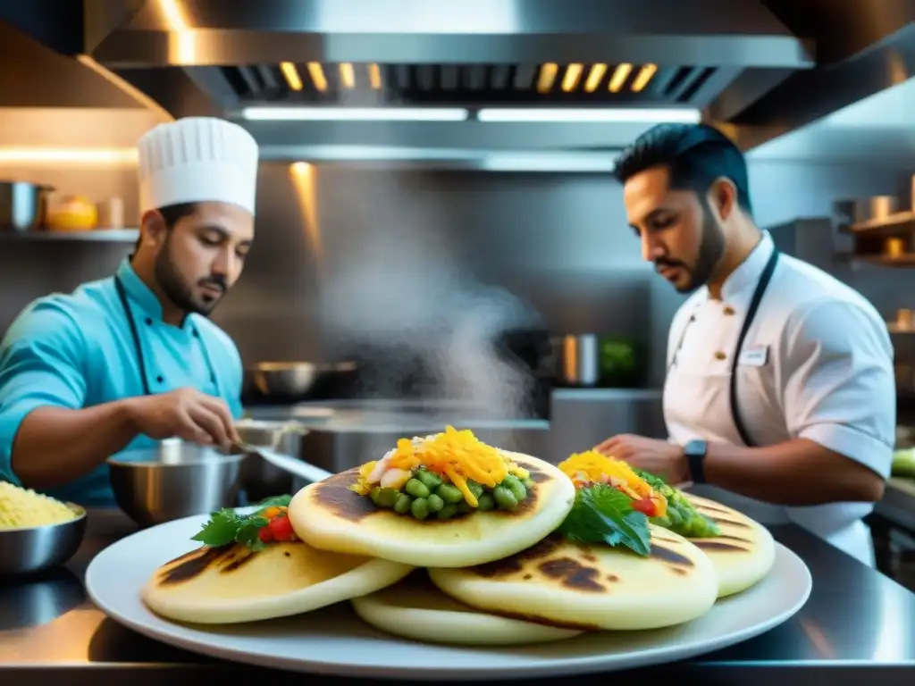 Un grupo diverso de chefs latinos preparando gourmet arepas, mostrando la historia y evolución de este plato latino