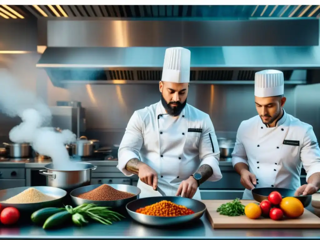 Un grupo diverso de chefs creando platos innovadores en una cocina moderna