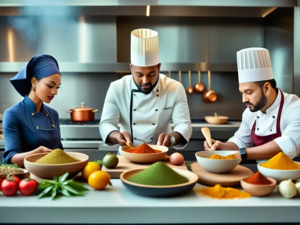 Un grupo diverso de chefs colabora apasionadamente en reinventar platos ancestrales en una cocina étnica siglo XXI