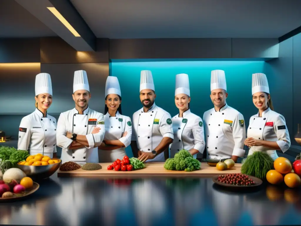 Un grupo diverso de chefs de prestigio internacional guiando a exploradores gourmet en una cocina lujosa