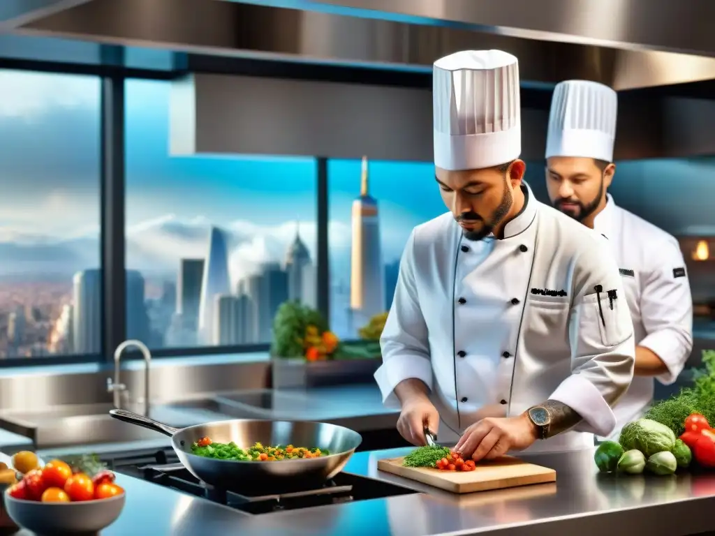 Un grupo diverso de chefs prestigio en una cocina internacional, preparando platos auténticos