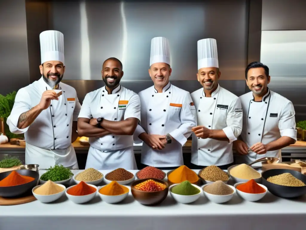 Un grupo diverso de chefs prestigiosos de cocina internacional preparando platos exóticos en un estudio culinario