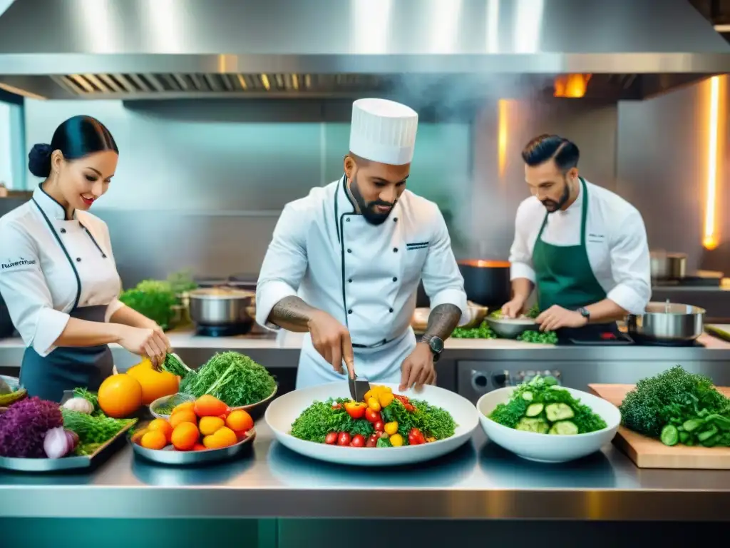 Un grupo diverso de chefs reconocidos en cocina vegana preparando exquisitos platillos