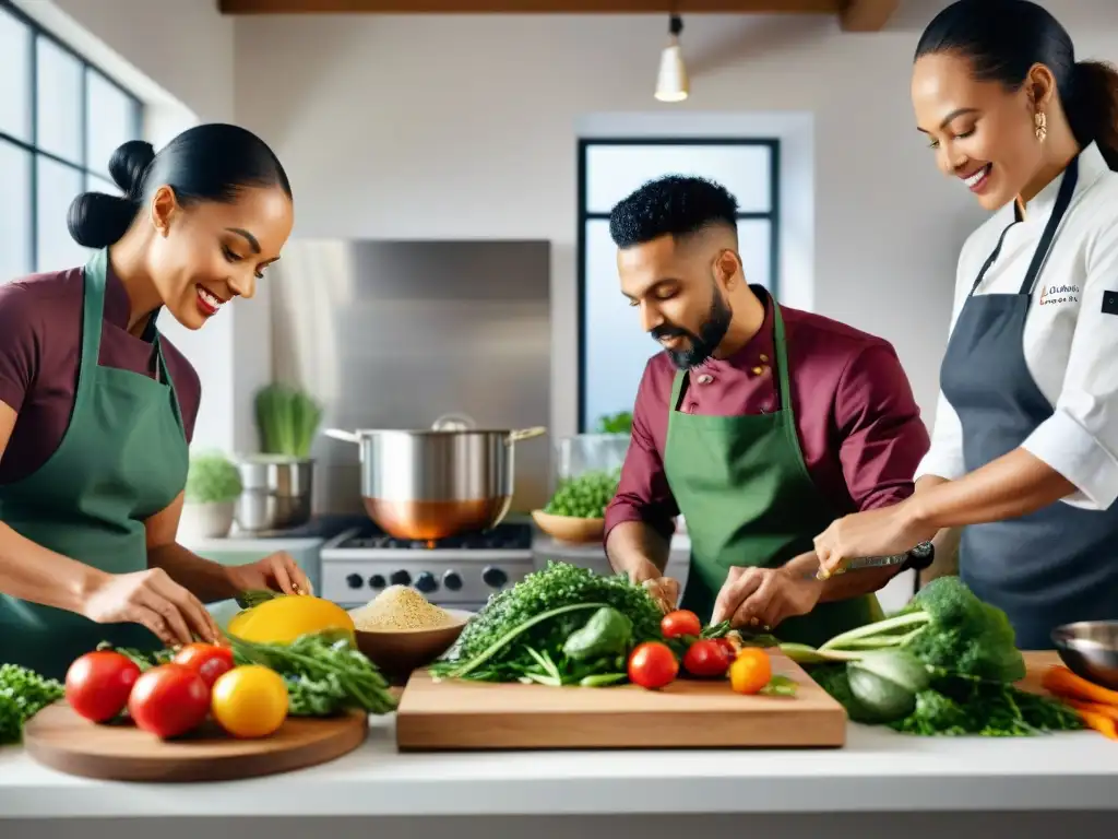 Un grupo diverso de chefs reconocidos en cocina vegana, creando platos vibrantes en un estudio luminoso