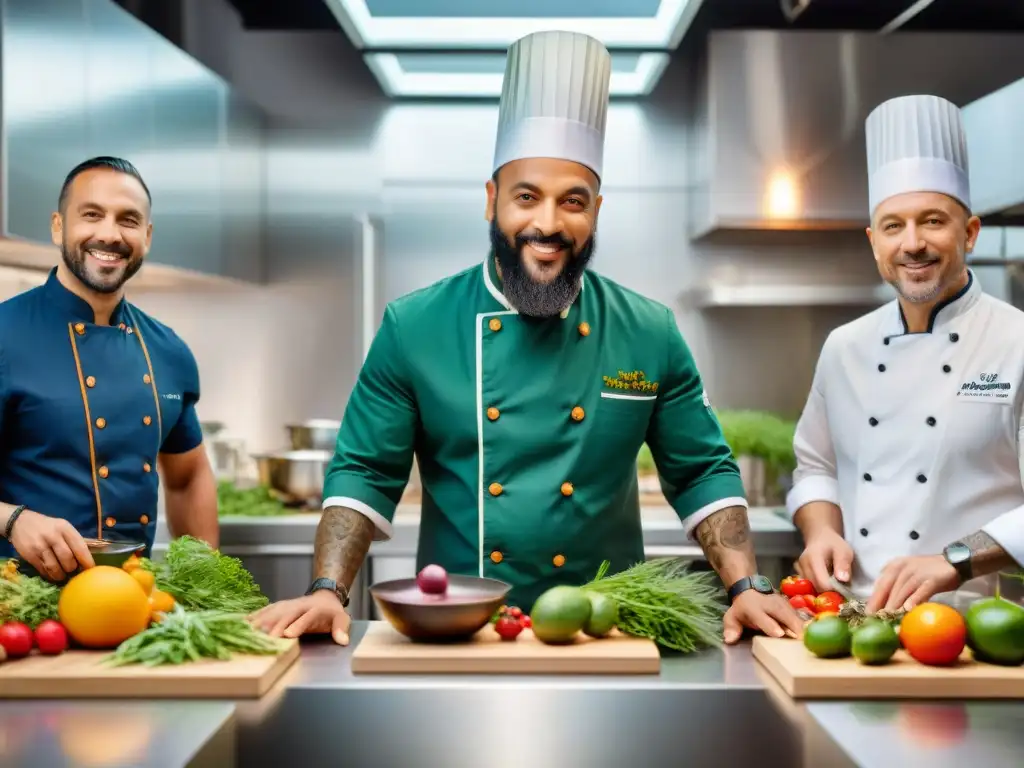 Un grupo diverso de chefs reconocidos en cocina vegana preparando platos vibrantes en un estudio culinario de alta tecnología