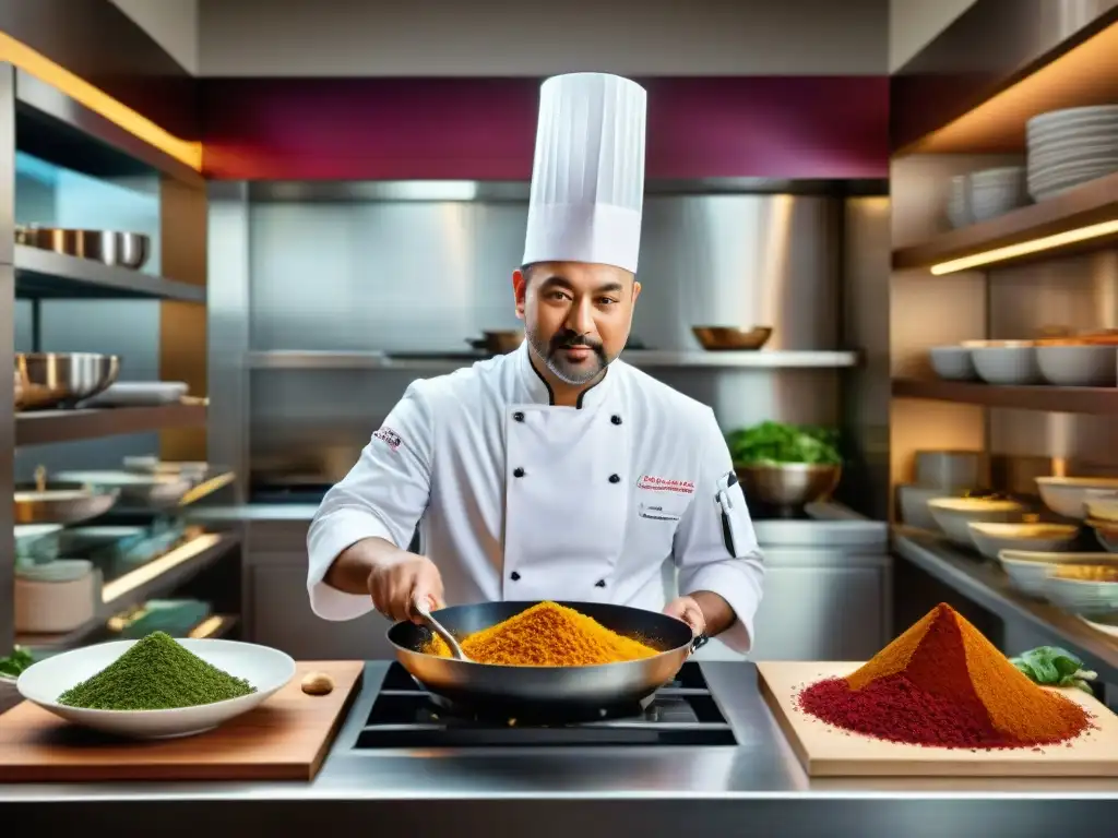 Un grupo diverso de chefs renombrados prepara platos en una cocina de alta gama, rodeados de libros de cocina